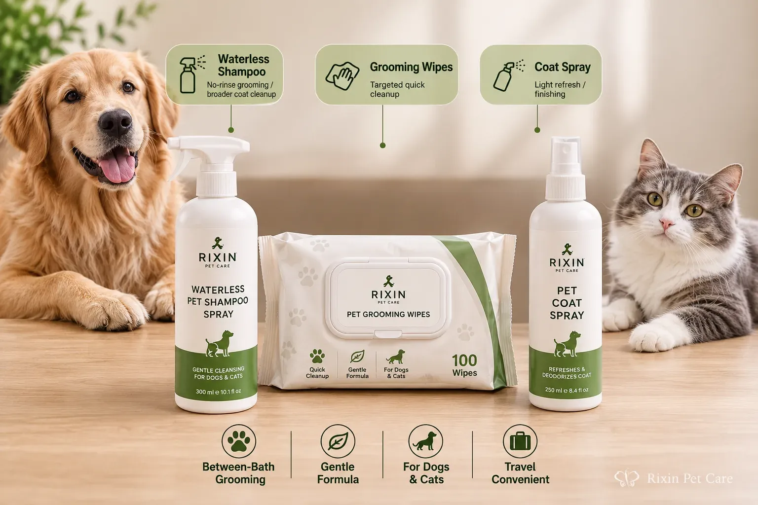 Waterless shampoo, grooming wipes, and coat spray shown side by side as three distinct Rixin Pet Care product formats.