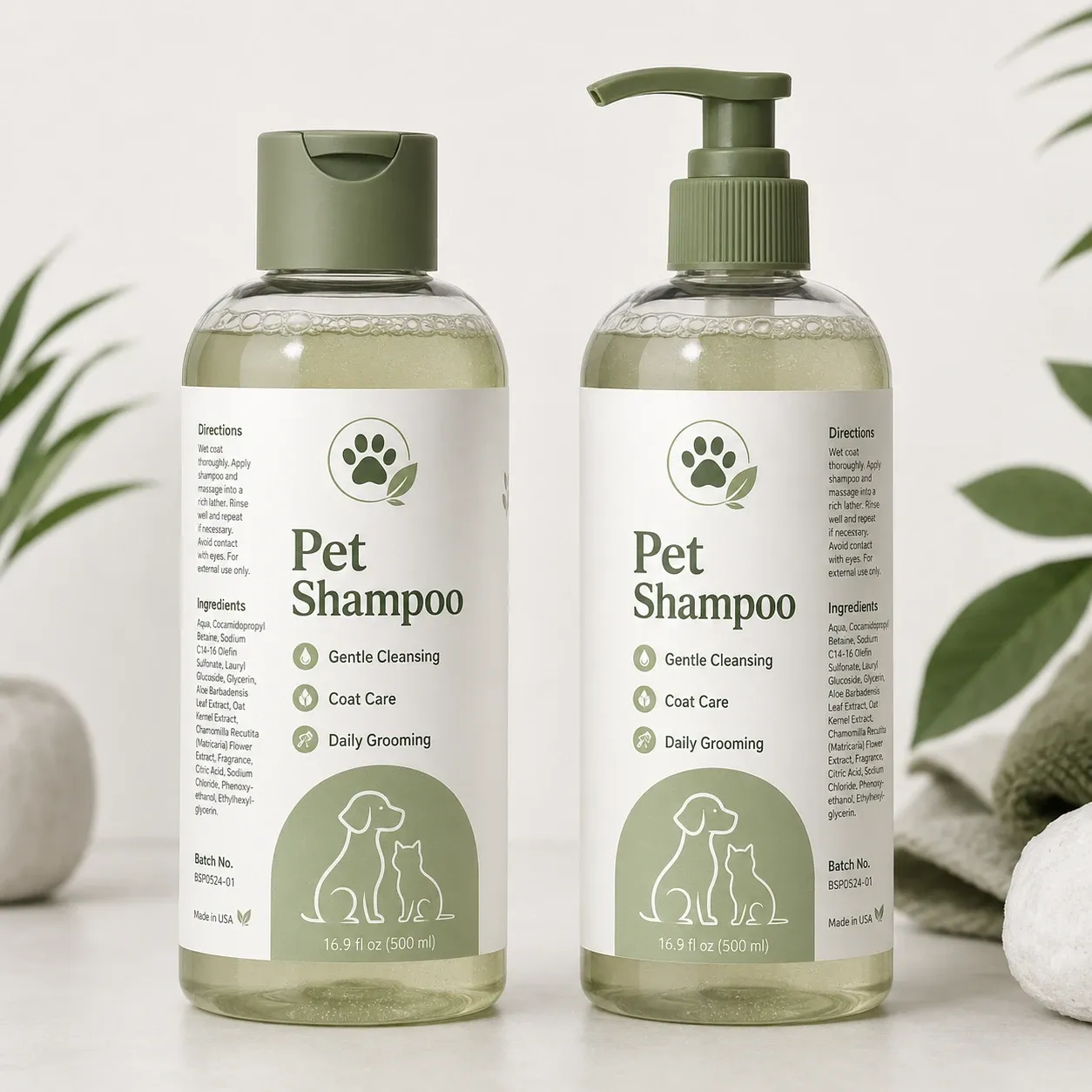 Private label pet shampoo bottles showing flip-top and pump closure options