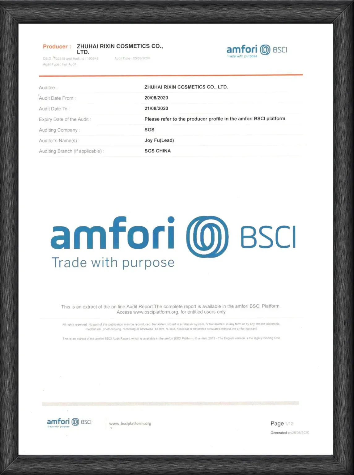BSCI certification for Zhuhai Rixin Cosmetics Co., Ltd.