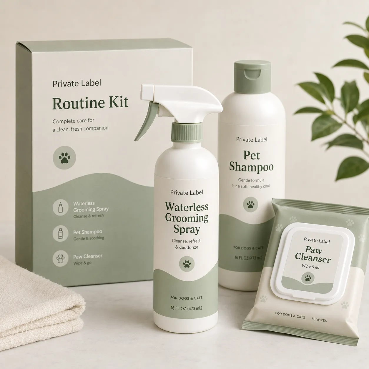 Routine kit with pet shampoo, waterless grooming spray, and paw cleanser wipes