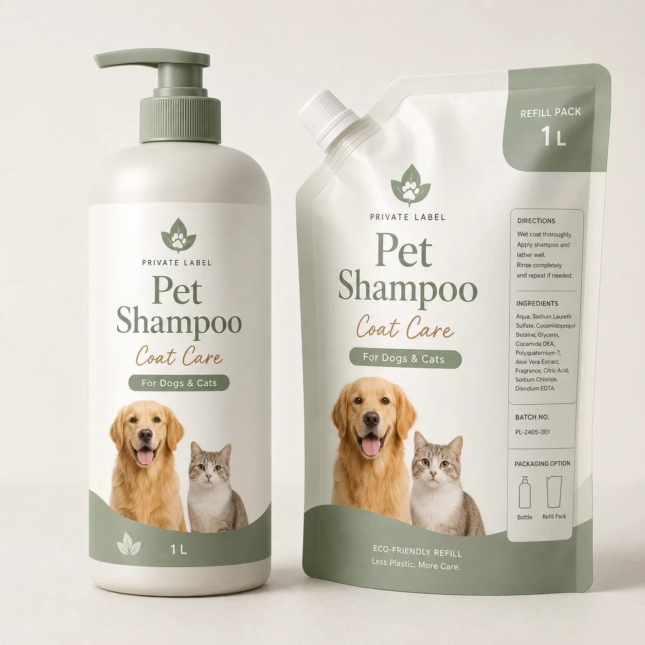 Private label pet shampoo refill pouch and large bottle packaging route