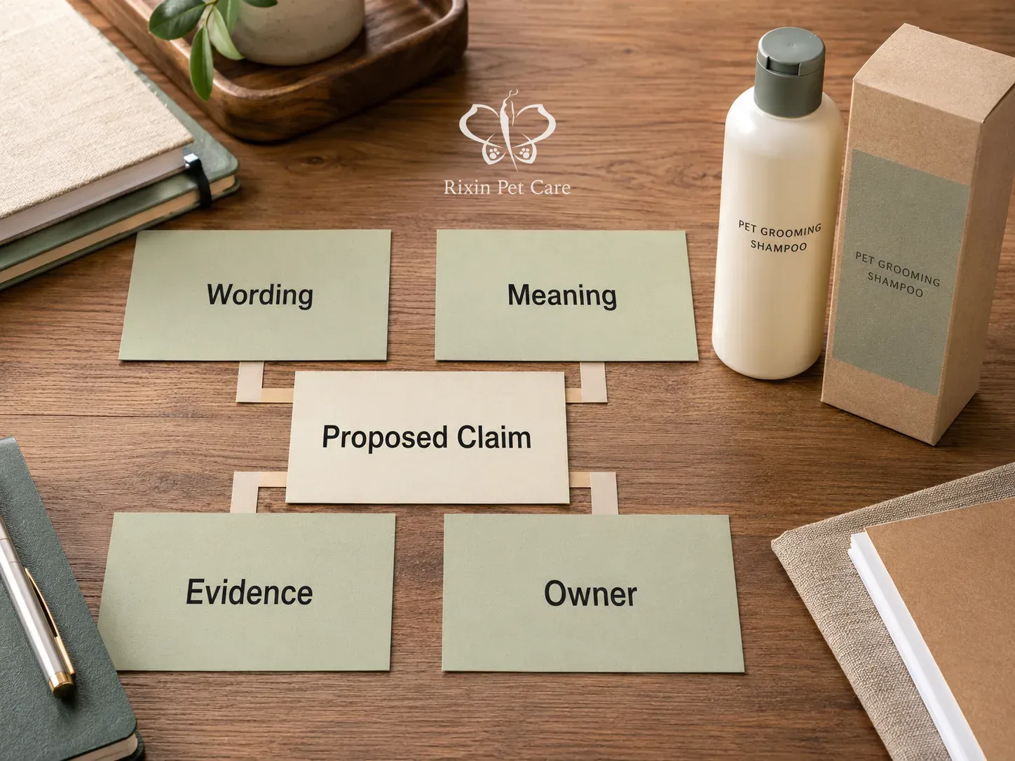 A proposed pet grooming claim separated into wording, meaning, evidence, and owner review cards.