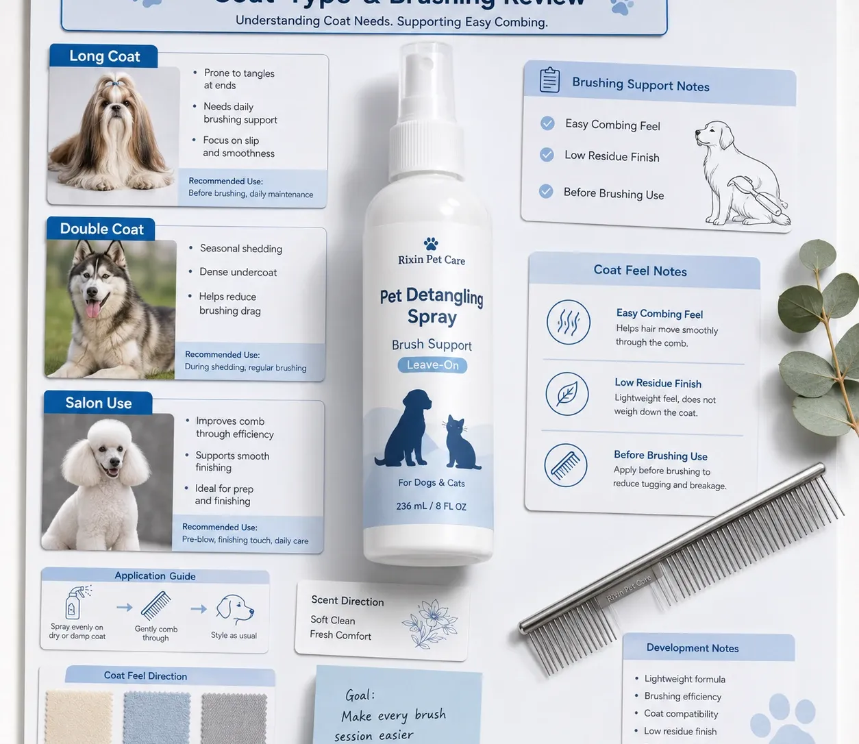 Rixin Pet Care coat type and brushing review board with long-coat, double-coat, and salon-use guidance around a pet detangling spray bottle