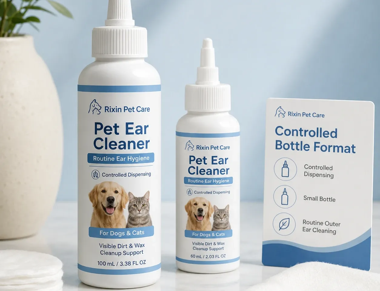 Rixin Pet Care pet ear cleaner controlled dispensing bottle format with two bottle sizes, cotton pads, folded cloth, and an information card