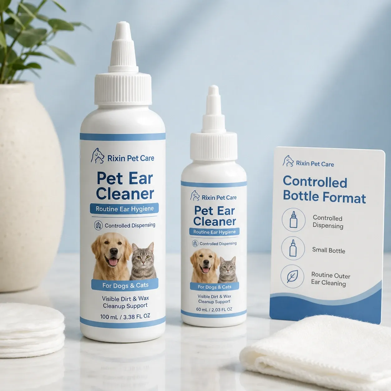 Rixin Pet Care controlled dispensing pet ear cleaner bottles with cotton pads, folded cloth, and controlled bottle format card
