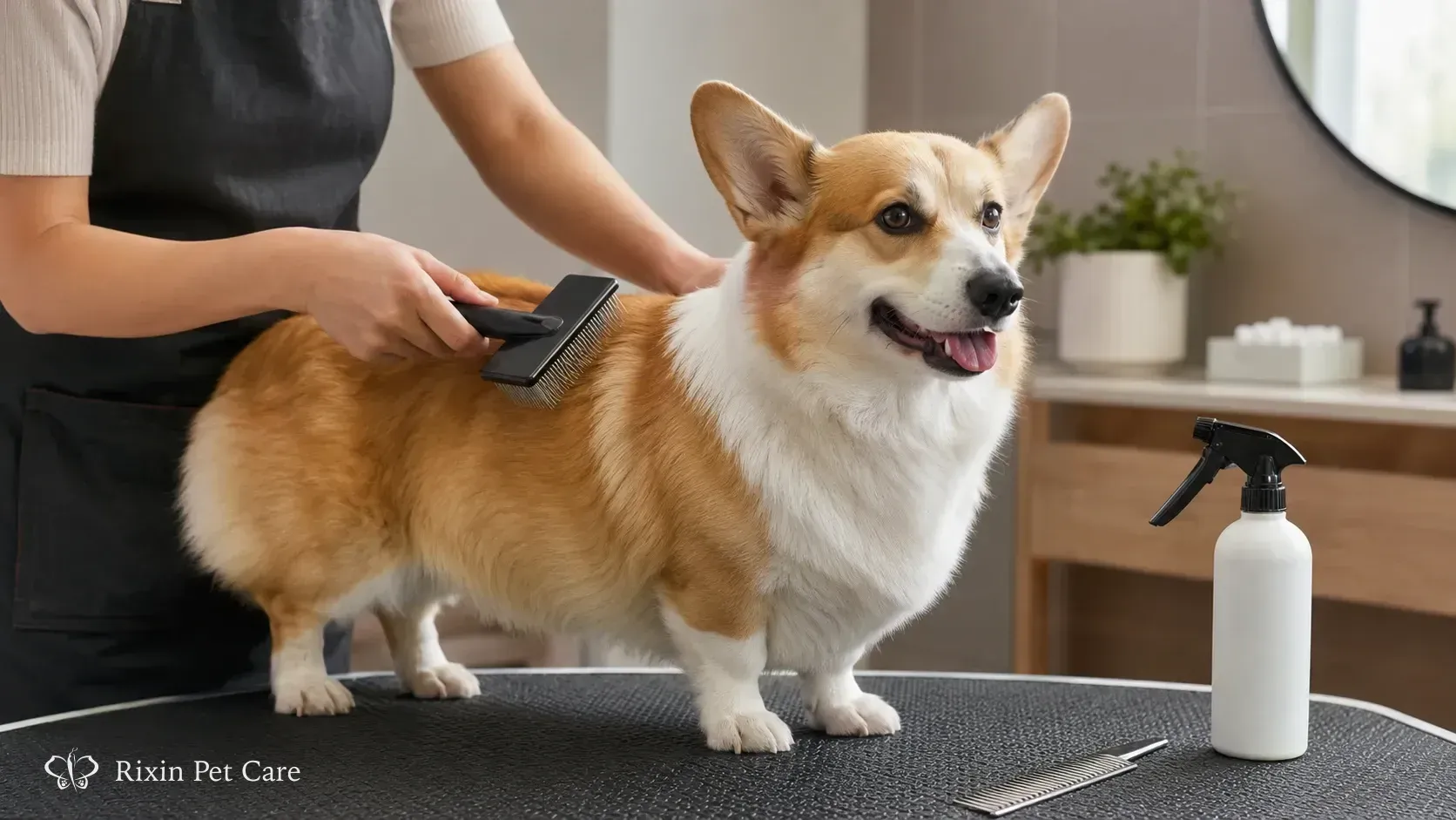 Corgi being brushed with a slicker brush and comb in a clean grooming space