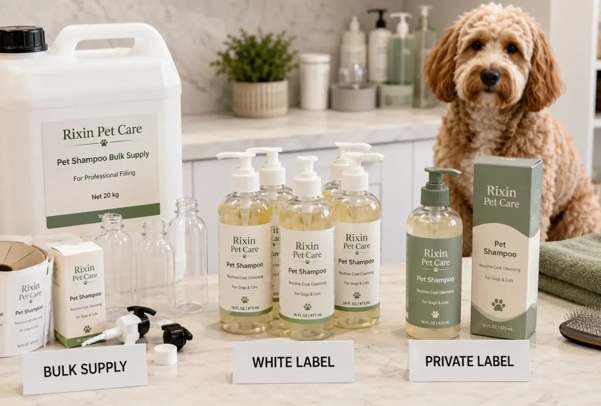 Bulk pet shampoo supply compared with locally filled and manufacturer-finished pet grooming products