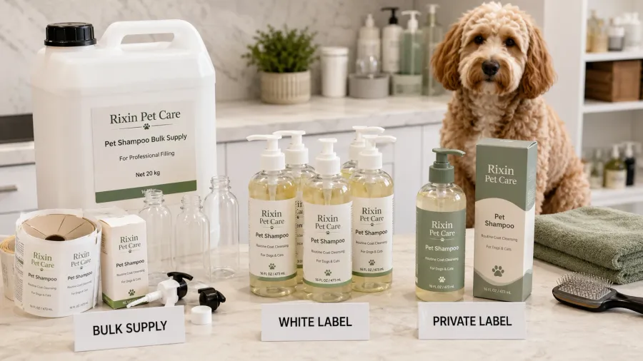 Bulk pet shampoo supply compared with white label and private label finished products