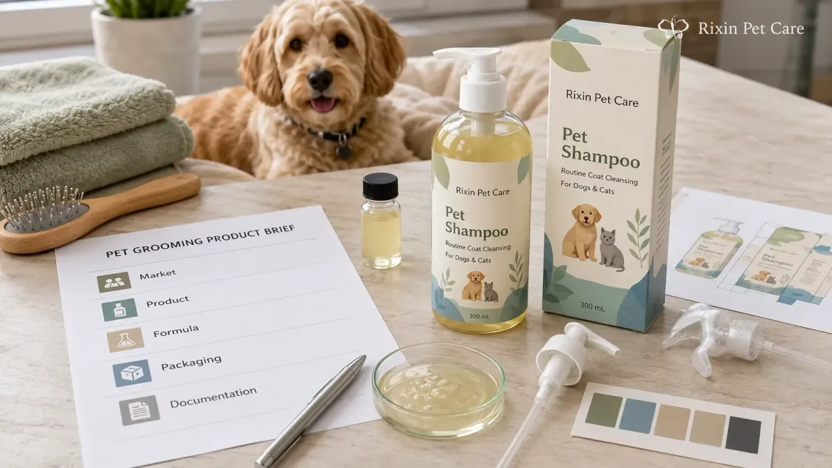Pet grooming product brief arranged with formula, packaging, and market planning materials