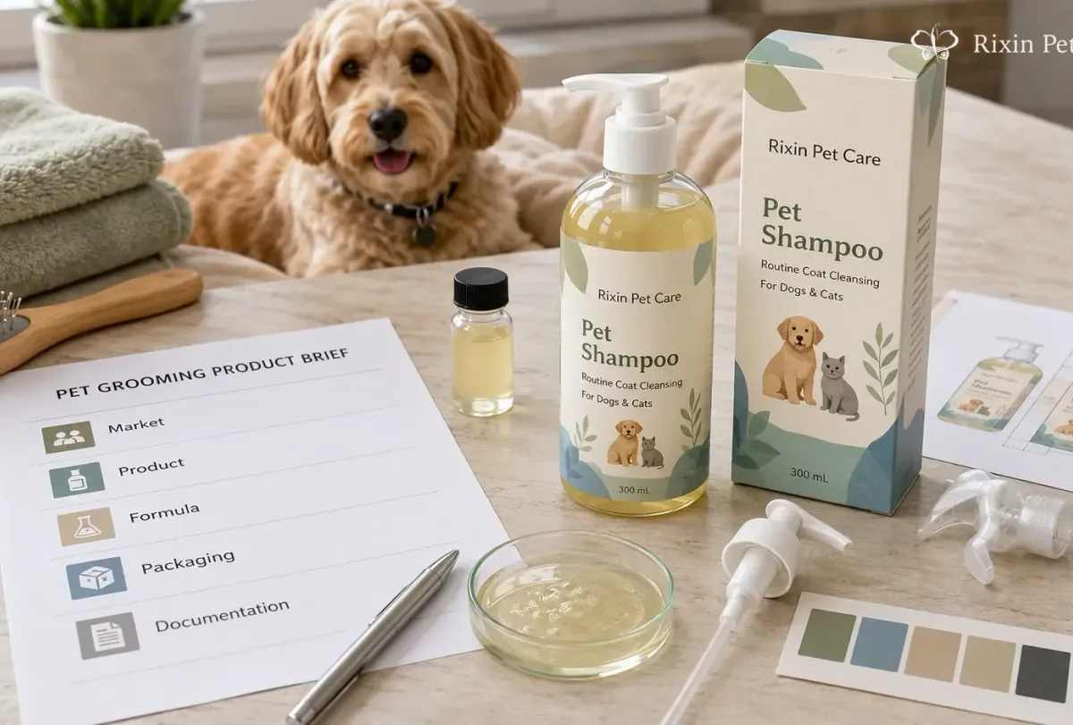 Pet grooming product brief arranged with formula, packaging, and market planning materials