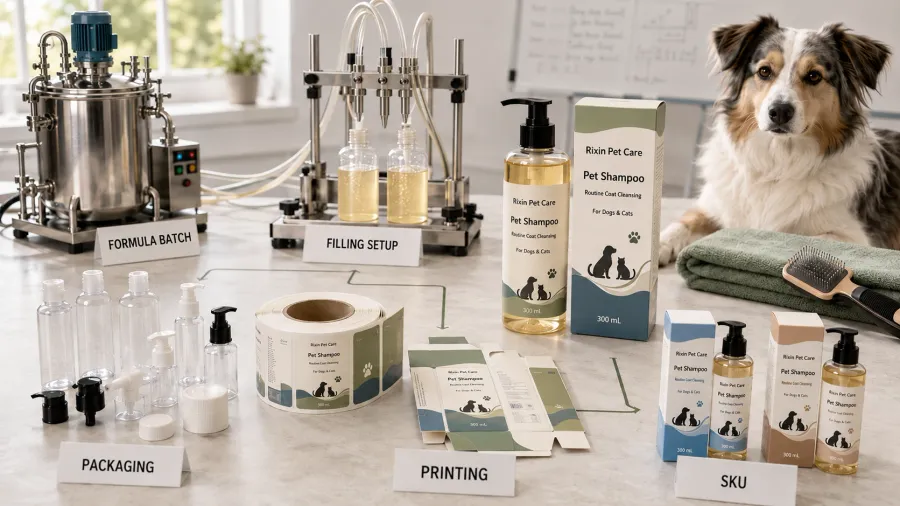 Private label pet grooming MOQ shown across formula, packaging, printing, and filling requirements