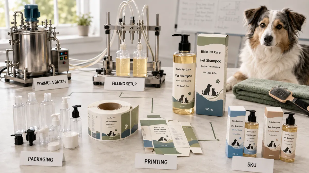Private label pet grooming MOQ shown across formula, packaging, printing, and filling requirements