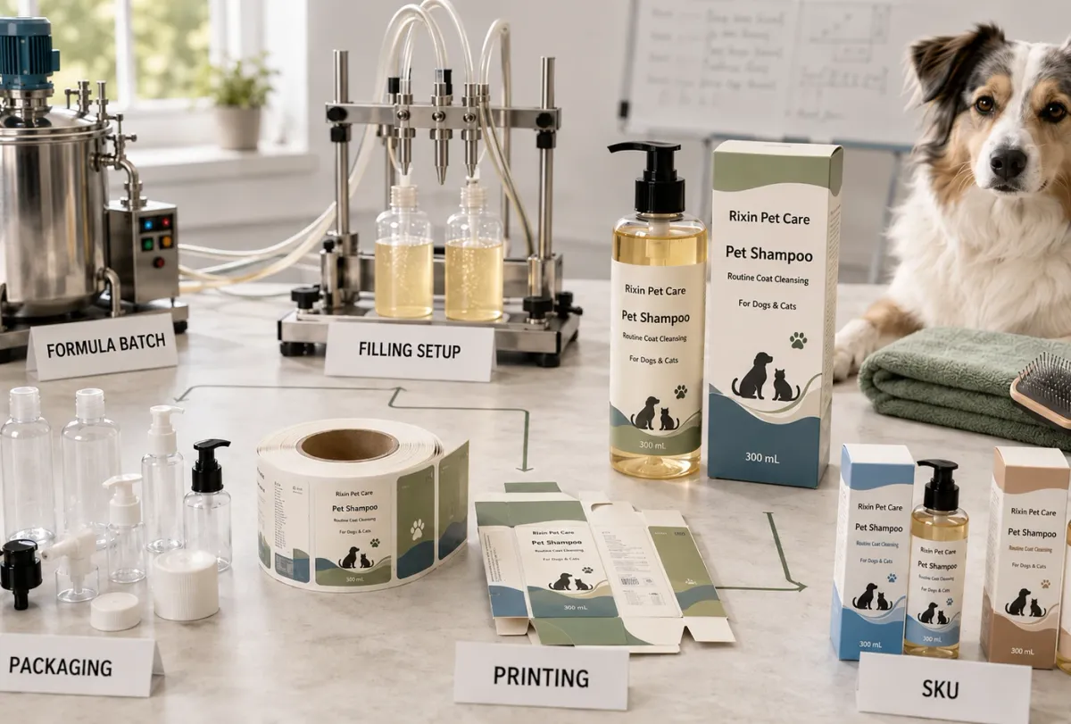 Private label pet grooming MOQ shown across formula, packaging, printing, and filling requirements