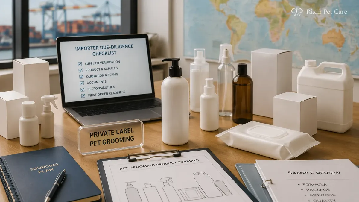 Private-label pet grooming product formats, packaging components, samples, and export cartons arranged for an importer sourcing review.