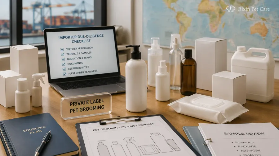 Private-label pet grooming product formats, packaging components, samples, and export cartons arranged for an importer sourcing review.