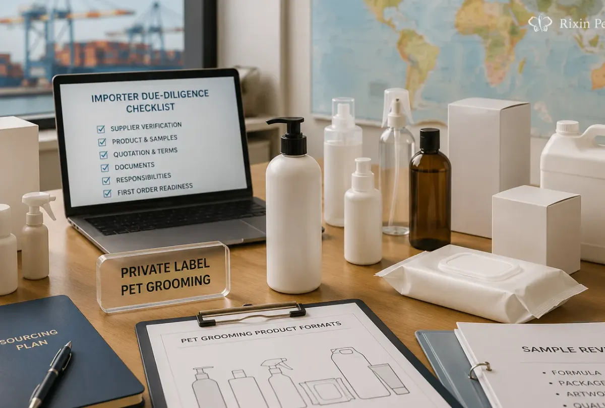 Private-label pet grooming product formats, packaging components, samples, and export cartons arranged for an importer sourcing review.