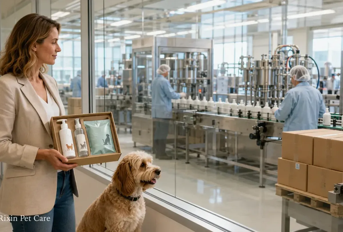 Brand owner reviewing pet grooming product samples while evaluating a manufacturing facility