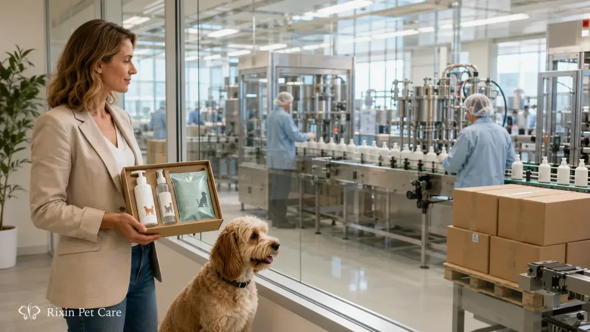 Brand owner reviewing pet grooming product samples while evaluating a manufacturing facility