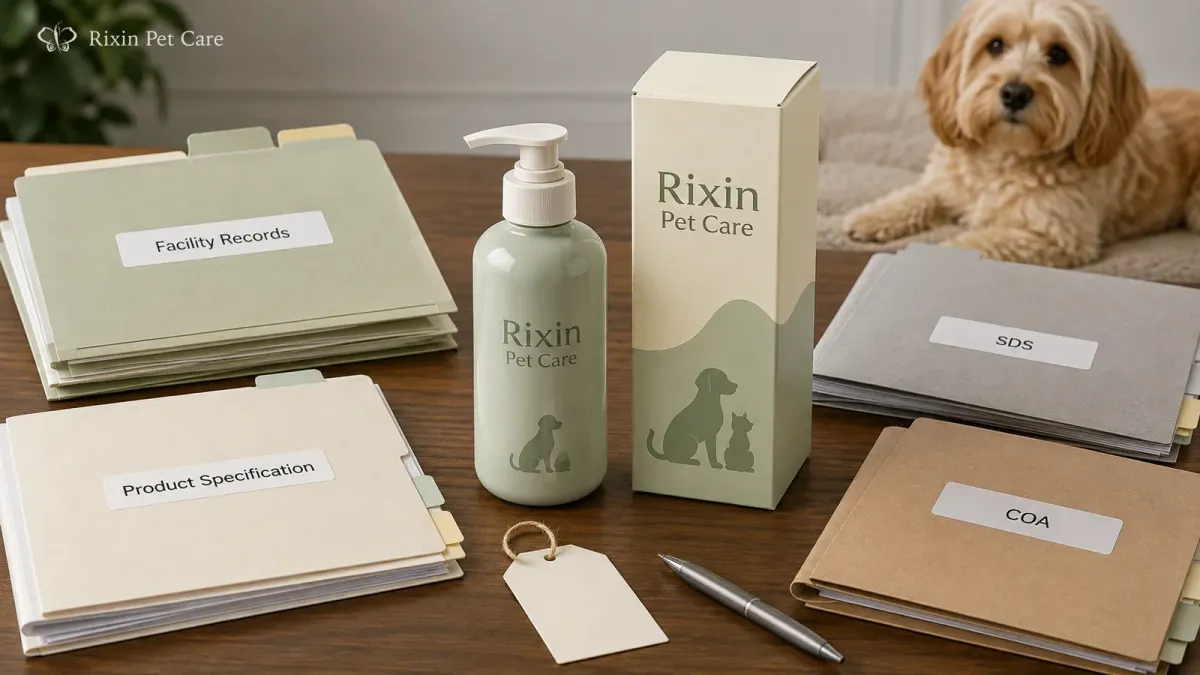 Rixin Pet Care product packaging reviewed beside facility, specification, SDS, and COA document folders with a dog nearby.
