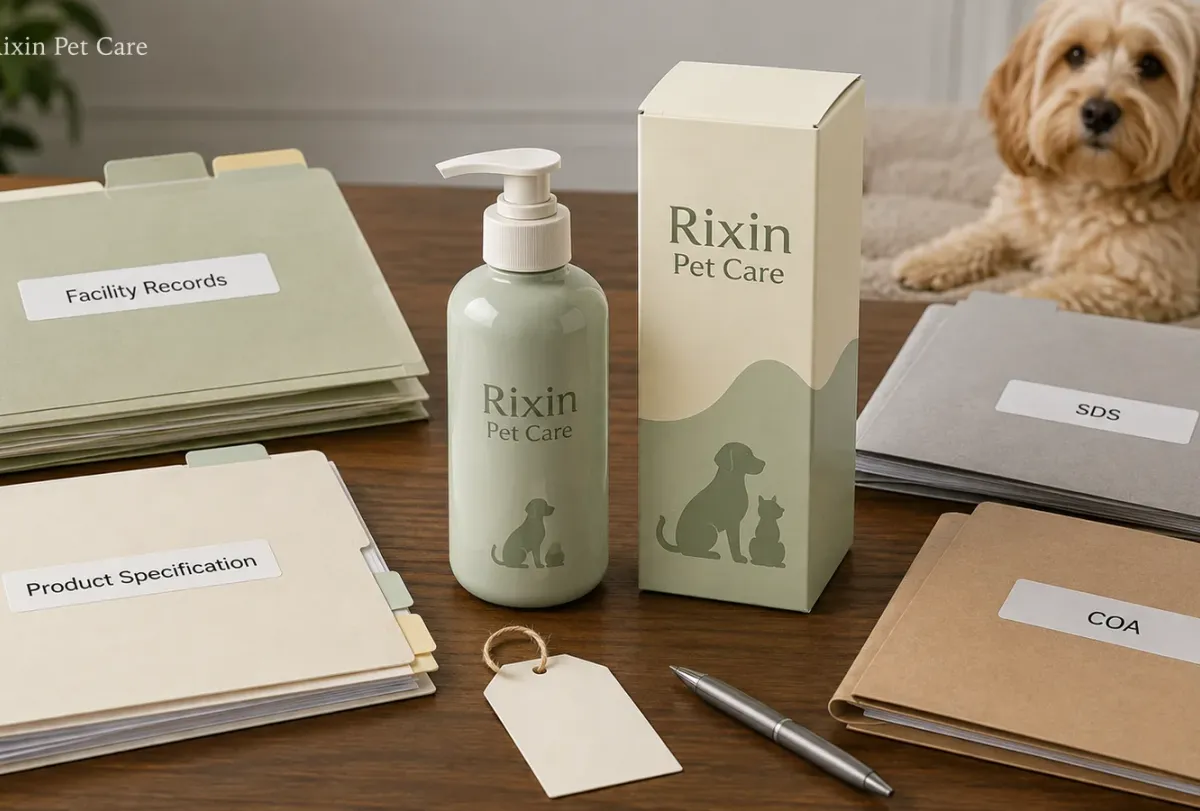 Rixin Pet Care product packaging reviewed beside facility, specification, SDS, and COA document folders with a dog nearby.