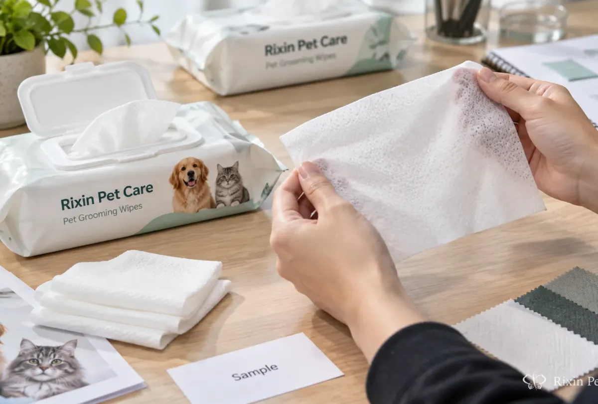 Hands reviewing an unfolded pet grooming wipe beside an opened resealable sample pouch in a clean product-development workspace.