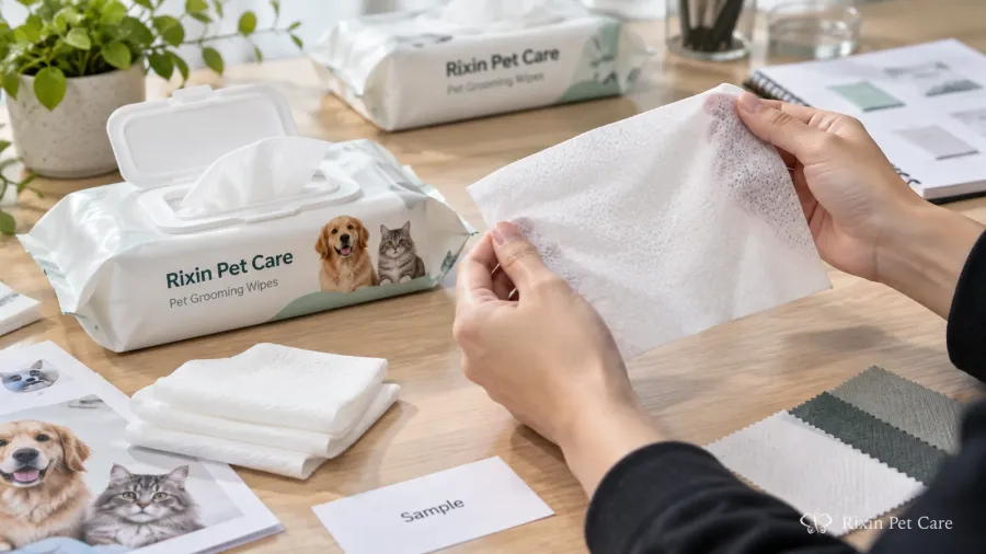 Hands reviewing an unfolded pet grooming wipe beside an opened resealable sample pouch in a clean product-development workspace.