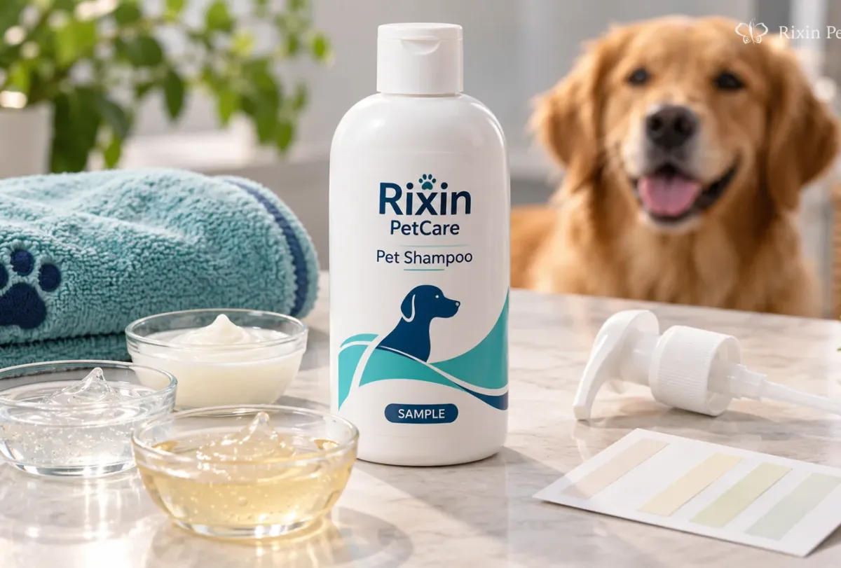 Conceptual pet shampoo prototype with formula samples and packaging components arranged for private label customization review.