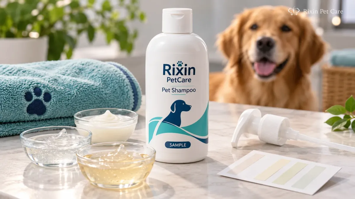 Conceptual pet shampoo prototype with formula samples and packaging components arranged for private label customization review.