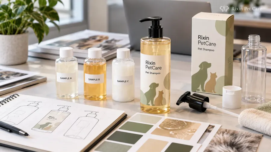 Private label pet shampoo samples, prototype bottle, and packaging components arranged for a buyer evaluation review.