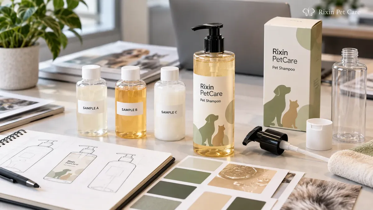 Private label pet shampoo samples, prototype bottle, and packaging components arranged for a buyer evaluation review.