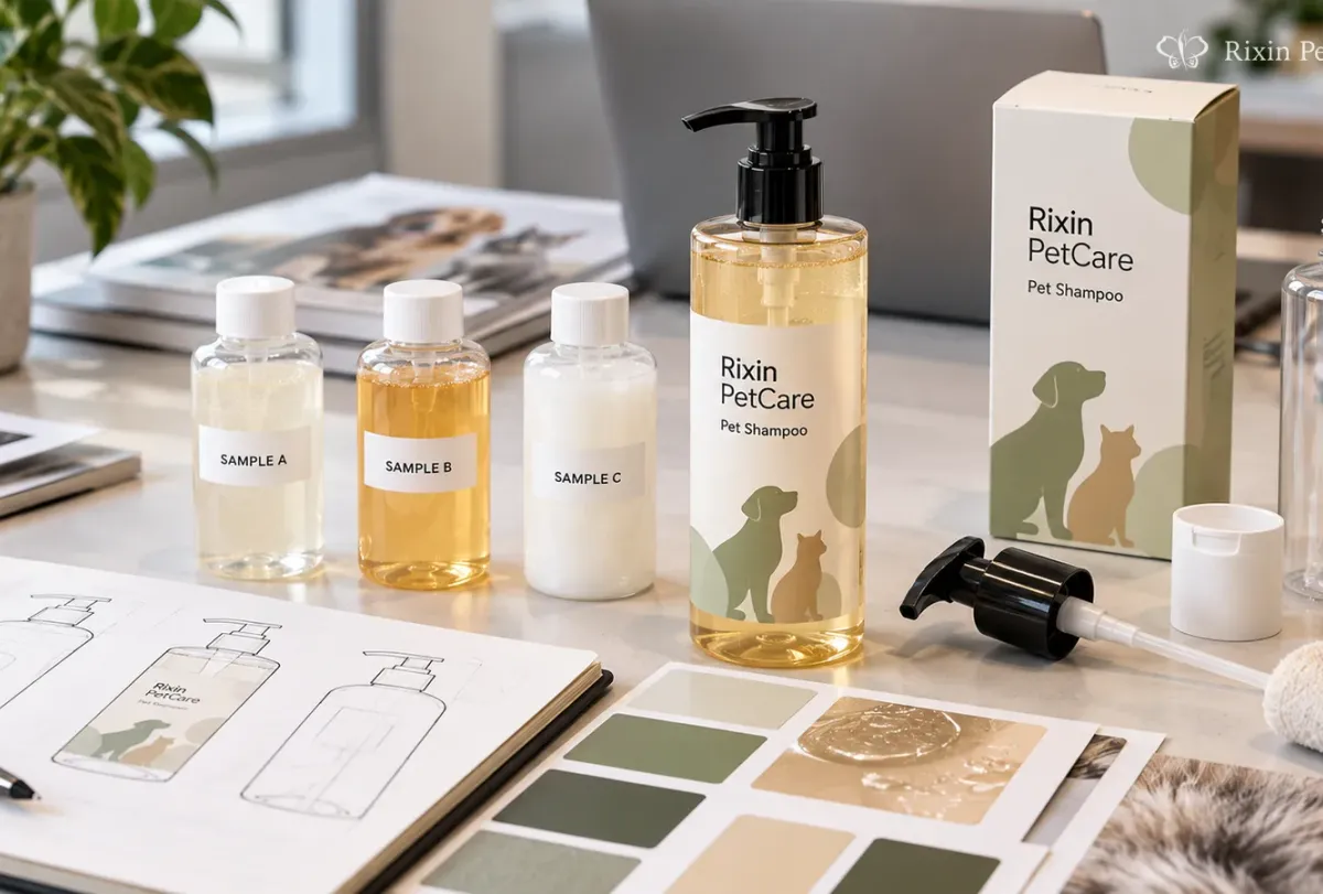 Private label pet shampoo samples, prototype bottle, and packaging components arranged for a buyer evaluation review.