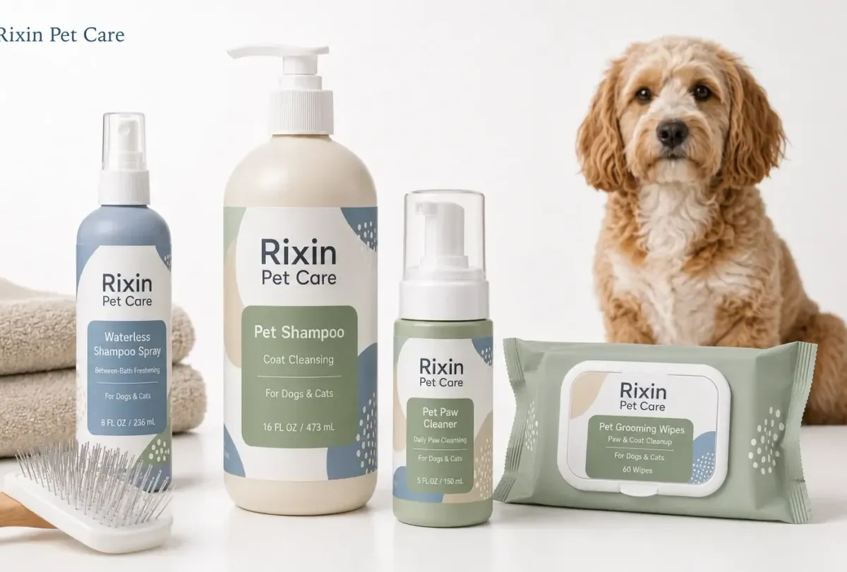 Private label pet grooming formats including shampoo, spray, wipes, and paw cleanser