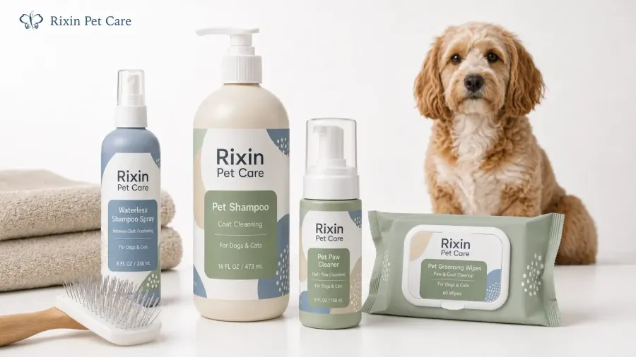 Private label pet grooming formats including shampoo, spray, wipes, and paw cleanser
