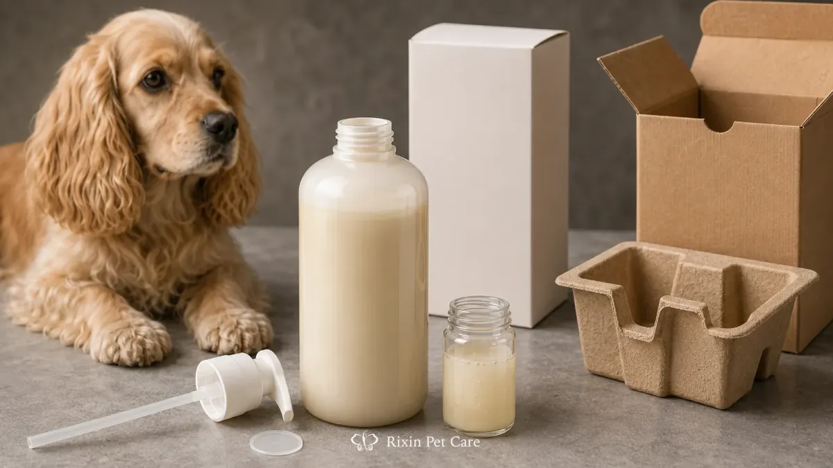 Pet grooming formula, bottle, closure, seal, and shipping components reviewed together with a calm dog nearby.