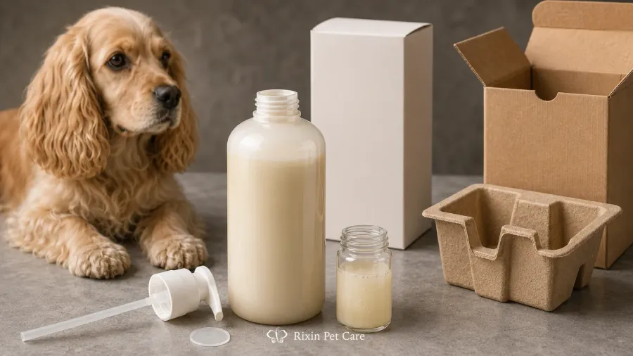 Pet grooming formula, bottle, closure, seal, and shipping components reviewed together with a calm dog nearby.