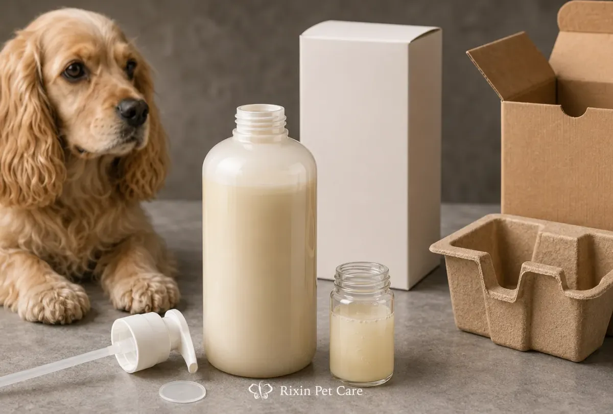 Pet grooming formula, bottle, closure, seal, and shipping components reviewed together with a calm dog nearby.