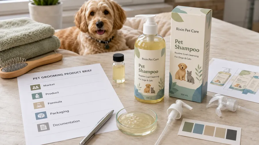 Pet grooming product brief arranged with formula, packaging, and market planning materials