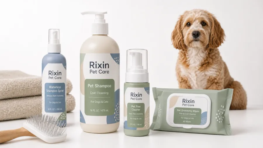Private label pet grooming formats including shampoo, spray, wipes, and paw cleanser