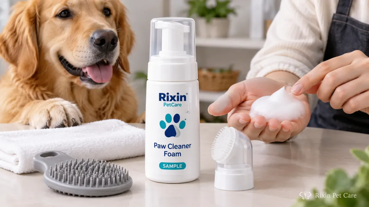 Paw cleaner foam prototype arranged with a towel and grooming accessories for a private label sample review.