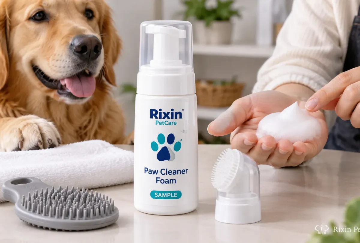 Paw cleaner foam prototype arranged with a towel and grooming accessories for a private label sample review.
