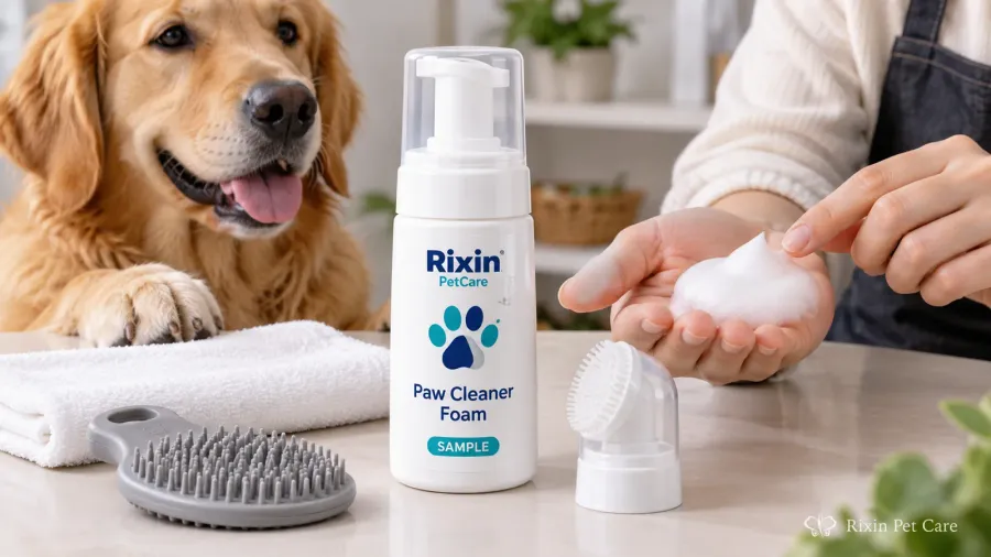 Paw cleaner foam prototype arranged with a towel and grooming accessories for a private label sample review.