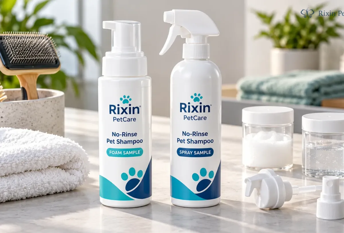 No-rinse pet shampoo foam and spray samples arranged with grooming tools for a private label product evaluation.