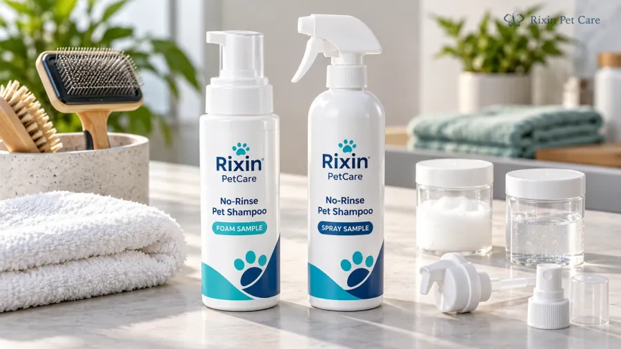 No-rinse pet shampoo foam and spray samples arranged with grooming tools for a private label product evaluation.