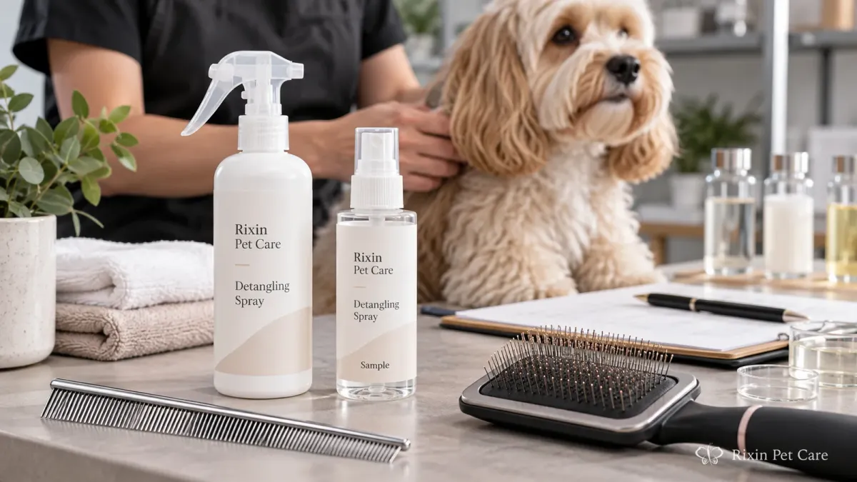 Private label pet detangling spray sample shown with grooming tools in a clean development-style setting.