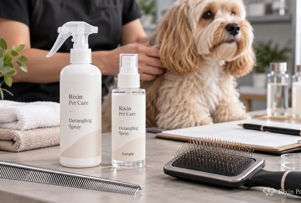 Private label pet detangling spray sample shown with grooming tools in a clean development-style setting.