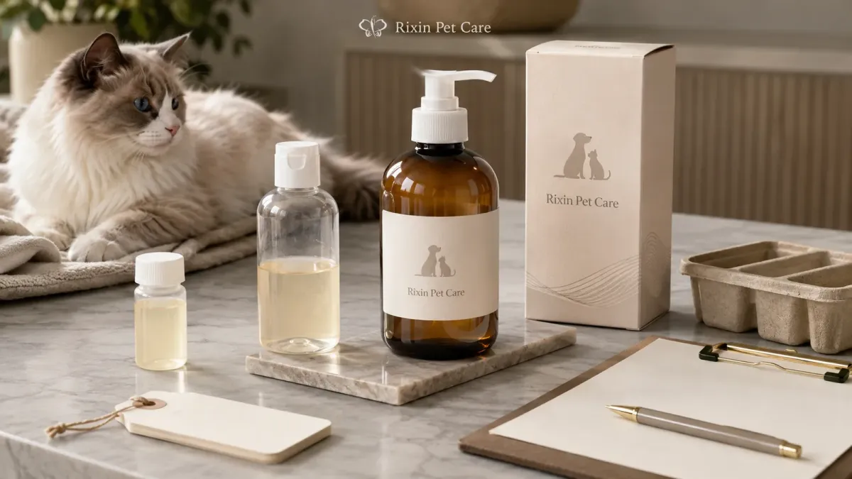 Rixin Pet Care grooming samples and packaging arranged for a structured buyer review beside a calm cat.