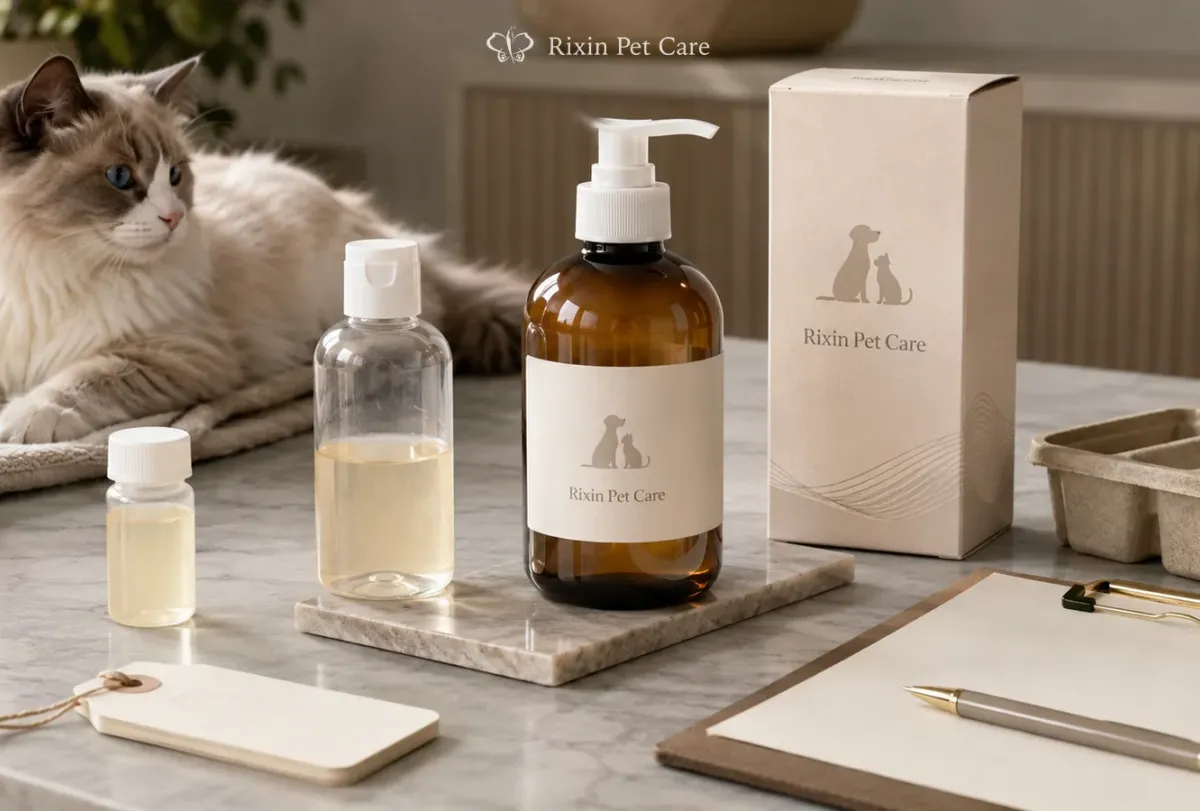Rixin Pet Care grooming samples and packaging arranged for a structured buyer review beside a calm cat.