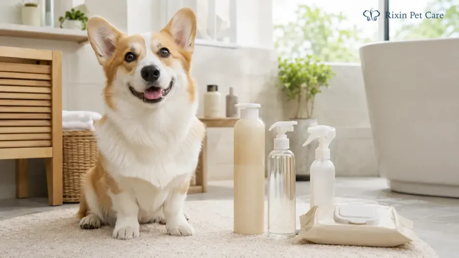 Corgi sitting beside a premium pet shampoo, paw cleaner, coat spray and grooming wipes