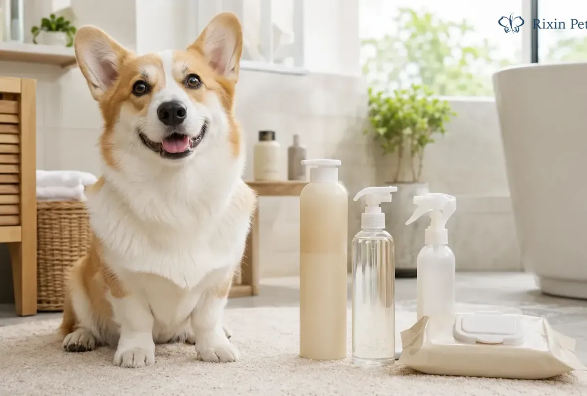 Corgi sitting beside a premium pet shampoo, paw cleaner, coat spray and grooming wipes
