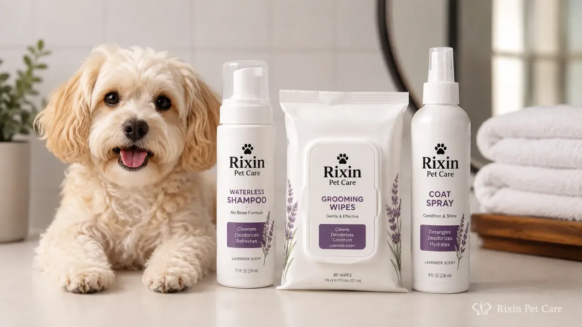 Rixin Pet Care waterless shampoo, grooming wipes, and coat spray displayed with a dog for a between-bath product comparison.